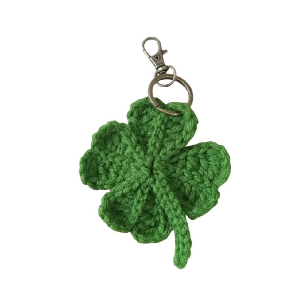 Handmade Green Four Leaf Clover Lightweight Acrylic Crochet Shamrock Keychain